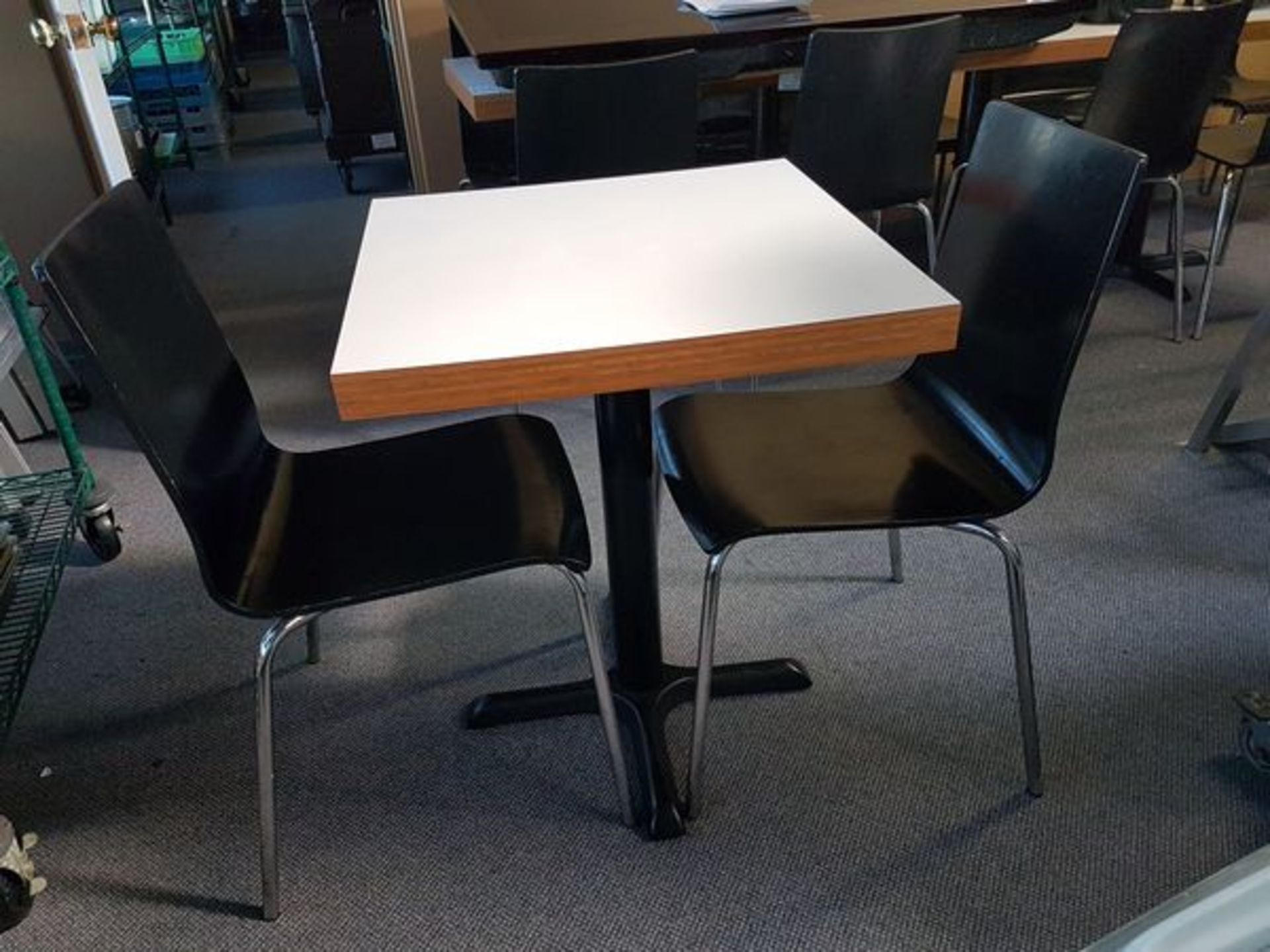 24 x 24" White Top, Wood Trim Dining Table with 2 Black Wood & Chrome Chairs