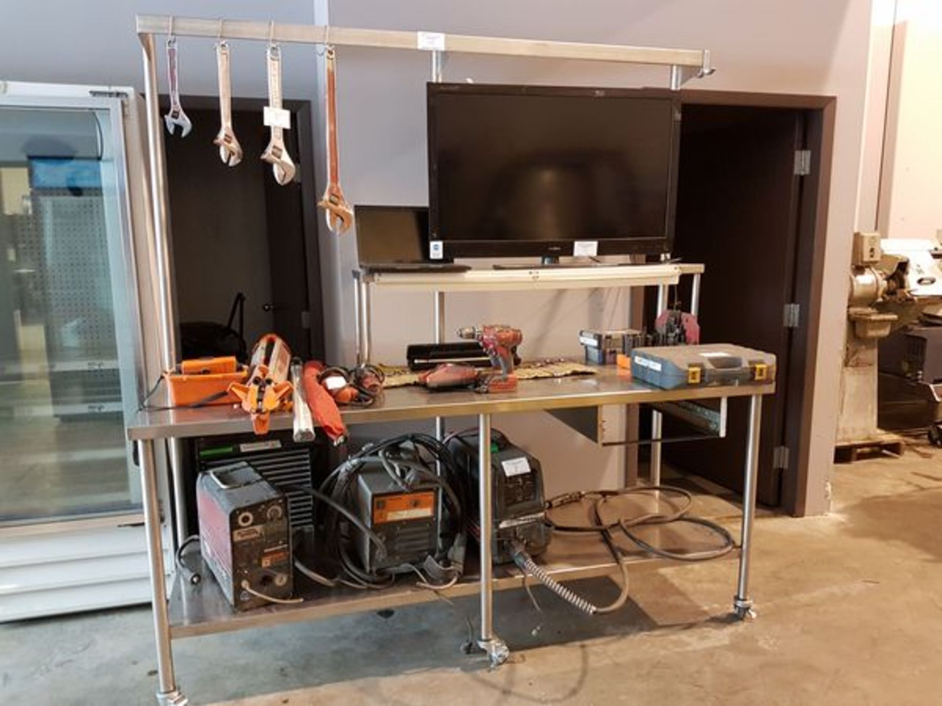 Approx 7' Stainless Steel Work Table with Overhead Rail on Casters