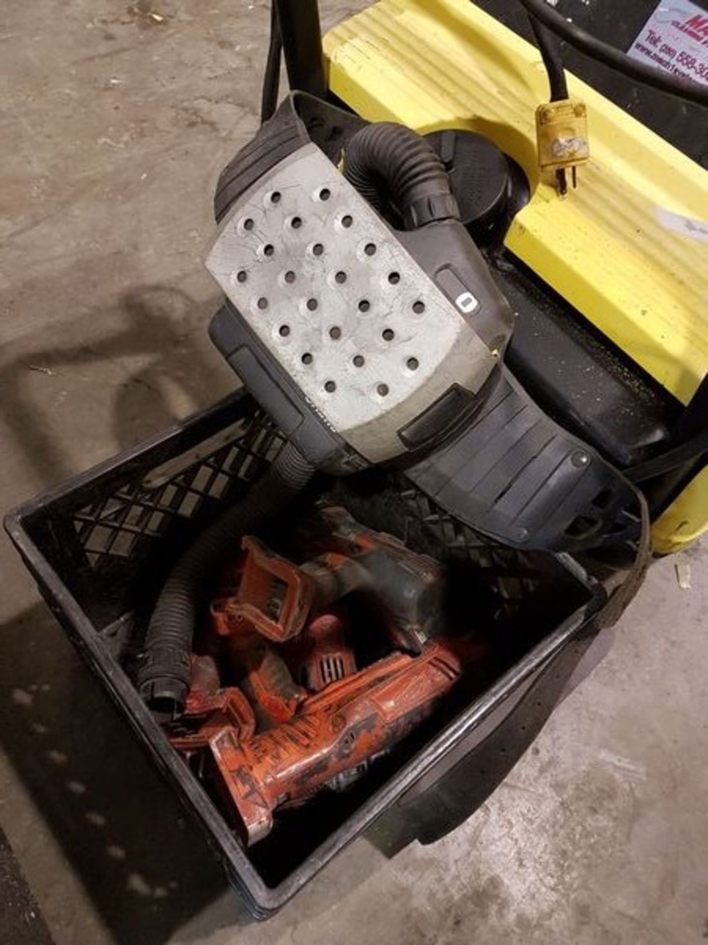 Crate with Assorted Milwaukee Cordless Drills & Ad Flow Breathing Belt