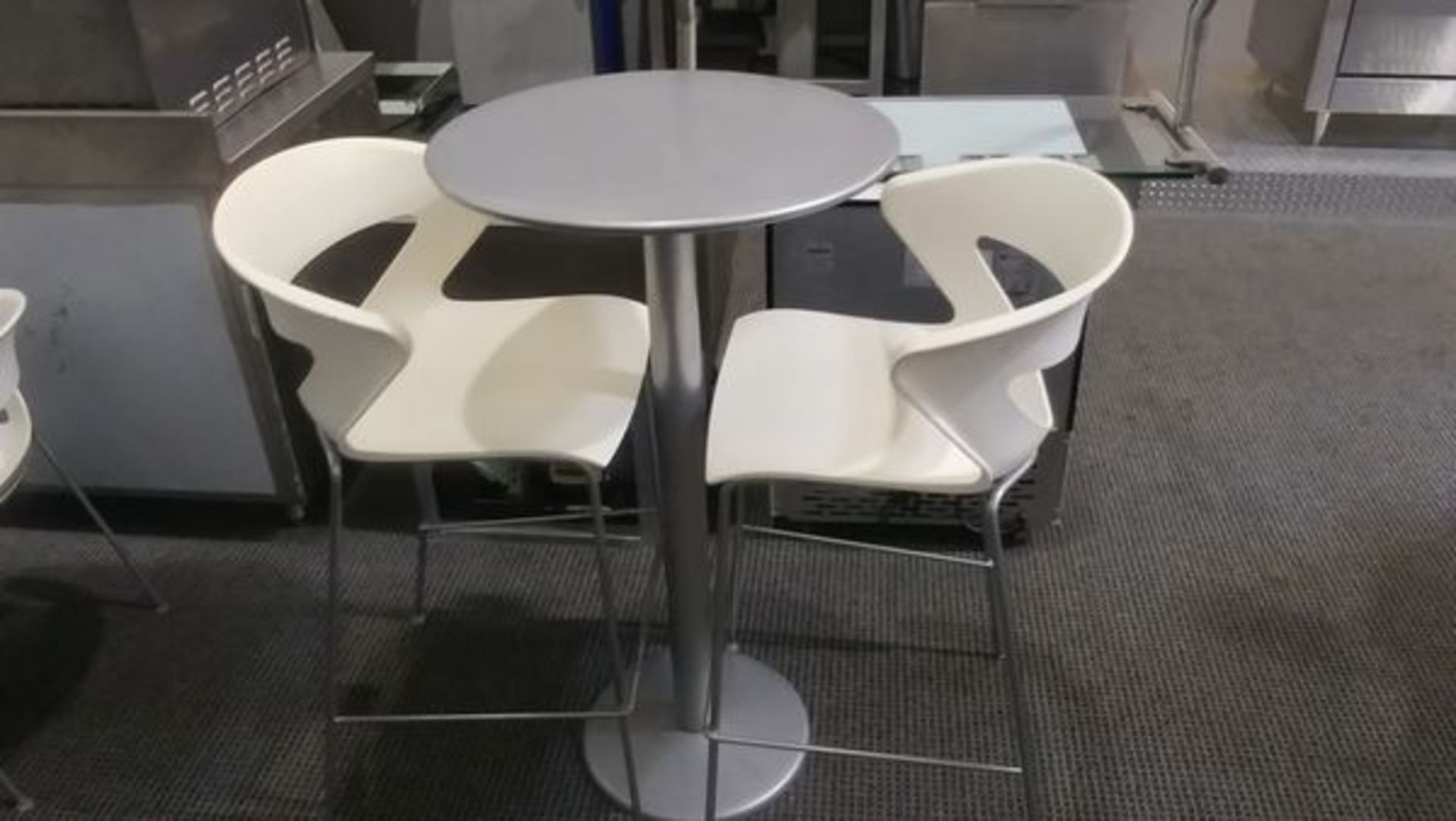 High Top Metal Table with 4 Bar Height Metal & White Plastic Chairs