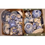 Two boxes of blue and white ceramics to include Oriental bowls, English plate and bowls,