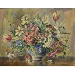 THOMAS G HILL; mid-20th century watercolour, still life with vase of flowers,