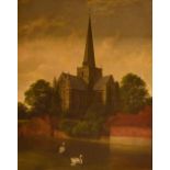 UNATTRIBUTED; oil on canvas, church beside a river with swans in the foreground, 60 x 44cm, framed.