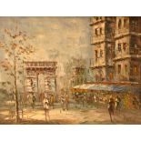 CAROLINE C BURNETT (20TH CENTURY); oil on canvas, Parisian street scene with the Arc de Triomphe,