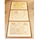 Three Saxton's map prints; 'Saxton's Map of Lancashire, 1577', 'Saxton's Map of Cheshire,