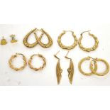 Six various pairs of gold earrings, approx combined 8.8g.