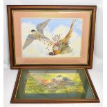 JIM GREENAGH; two late 20th century watercolours, each depicting a pheasant and a hawk,