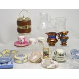 Various ceramics and sundries to include copper lustre jugs, Wedgwood jugs and saucers,