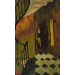 J ISAKSON (Jane Isakson, Canadian); oil on board, 'From Vuillard', signed lower-left, 41 x 19cm,