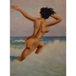 R GOUBERT; oil on canvas, nude lady striding through the sea, signed lower-left, 65 x 45cm, framed.