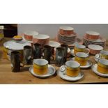 Six Midwinter 'Stonehenge' cups and saucers, six tall studio pottery style coffee cans,