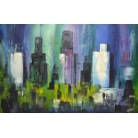 W T CARLSEN; oil on board, Modernist city scape, signed lower-right, 59 x 90cm, framed.