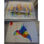 UNATTRIBUTED; triptych oil on canvas depicting a colourful humming bird,