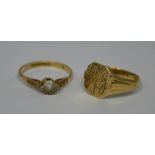 A 9ct gold dress ring set with central white stone, size O and a 9ct gold signet ring, size N,