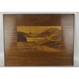 A wooden Sorrento type inlaid rectangular panel depicting Scottish mountainous and lake landscape,