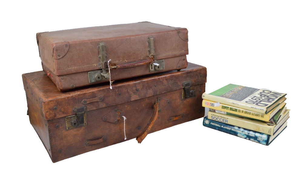 Two vintage suitcases and a box of books relating to sports (3).