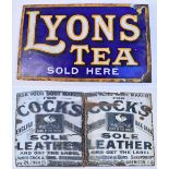 A vintage enamel "Lyons' Tea Sold Here" two sided sign with flange, 23 x 38.