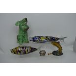 A collectors' lot comprising two Murano glass fish, a Sylvac dog, height 29cm, a Beswick trout,