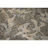 A large oriental painted fabric picture, indistinctly signed lower right, 87 x 133cm, framed.