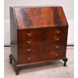 A flame mahogany four-drawer bureau on cabriole legs, width 91cm.