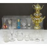 A quantity of glassware to include an enamelled cranberry glass perfume bottle, lacking stopper,
