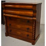 A 19th century chest of five drawers, the fascias in flame mahogany,