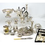 A quantity of silver plated items to include a small tray, a mug, teaware etc.