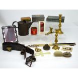 A small collectors' lot to include a vintage oil can, leather strap with cow bells,