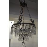 A silvered ceiling electrollier with cut glass drops and globular pendant, total drop 88cm.