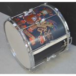 A drum with the Royal Marines coat of arms and logo, 34cm height x 37cm diameter.