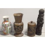 An Oriental famille rose style baluster vase, height 22cm, an African hardwood vase,