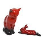 A Royal Doulton flambé kitten, approx length 12cm and a Royal Doulton flambé rabbit,