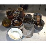 A quantity of metalware to include three coal scuttles, a brass jam pan etc.