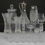 A quantity of cut glass to include a set of six tumblers, a claret jug with silver plated mount,