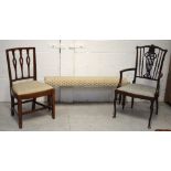A long upholstered rectangular footstool on turned mahogany legs,
