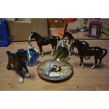 A Beswick shire horse, a Sylvac horse, two similar horses,