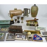 A quantity of collectibles to include white metal picture frames, a wooden box,