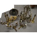 A retro cream Gammages of Holbourn infra red lamp, a pair of gilt metal two-branch wall lights,