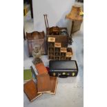 A collectors' lot comprising treen, an accordion, planes, a pair of bellows, two lamps, books,