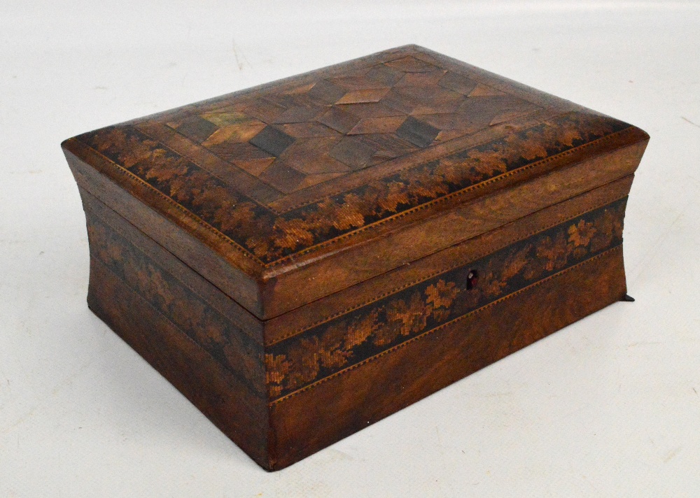 A 19th century Tunbridge ware type and parquetry inlaid trinket box of rectangular form with