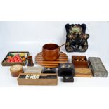 A collection of trinket boxes, treen, etc, including a painted letter rack, a Staunton chess set,