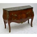 A reproduction French kingwood veneered two drawer bombé commode with shaped marble top,