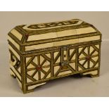 A Moroccan bone panel and glass decorated base metal twin handled casket,