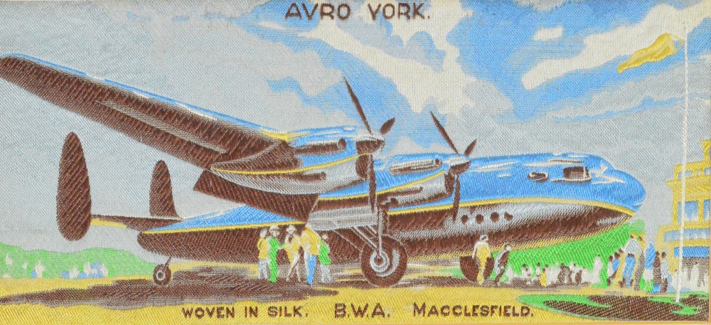 A Brocklehurst-Whiston Macclesfield woven silk picture "Avro York", 8 x 20cm, framed and glazed.