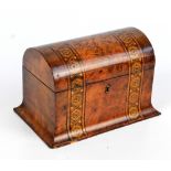 A 19th century marquetry inlaid burr walnut dome topped tea caddy, length 26cm, height 16cm.