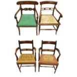 An early Victorian mahogany bar back elbow chair and three others (4).