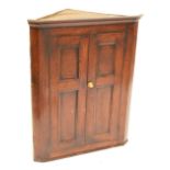 A 19th century oak flat front corner cupboard with double panel doors enclosing three shelves,