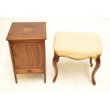 A Victorian walnut stool with padded seat and cabriole legs, a mahogany and inlaid bedside cabinet,