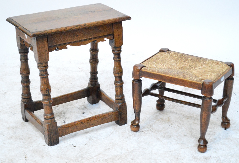 An oak joint stool with single drawer below rectangular seat, 48 x 26.