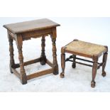 An oak joint stool with single drawer below rectangular seat, 48 x 26.